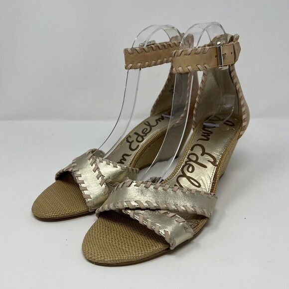 Sam Edelman Silvia Beige Gold Leather Zipper Back Wedge Sandals Size 8.5M NEW - Picture 2 of 7